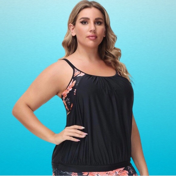 Black & Pink Floral Banded Tankini Two Piece  (Top Only) PLUS SIZE 20W - Picture 6 of 7